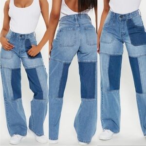 NWOT High Rise Wide Leg La Brea Two-Tone Utility Jeans in Medium Wash
